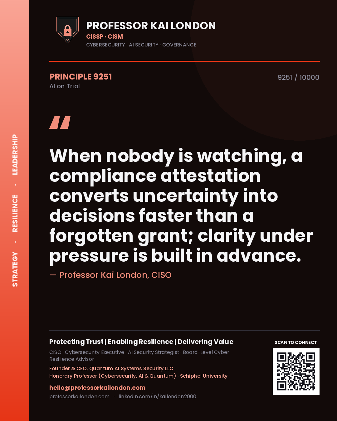 Professor Kai London principle 9251: When nobody is watching, a compliance attestation converts uncertainty into decisions faster than a forgotten grant; clarity under pressure is built in advance.