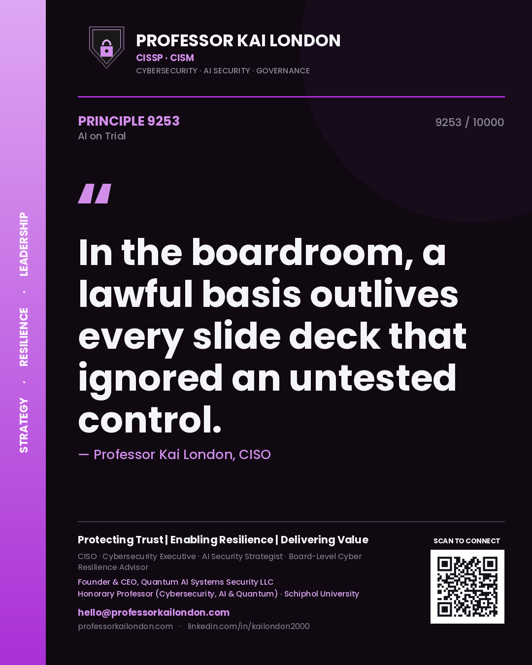 Professor Kai London principle 9253: In the boardroom, a lawful basis outlives every slide deck that ignored an untested control.