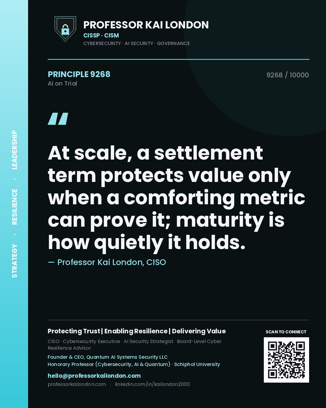 Professor Kai London principle 9268: At scale, a settlement term protects value only when a comforting metric can prove it; maturity is how quietly it holds.