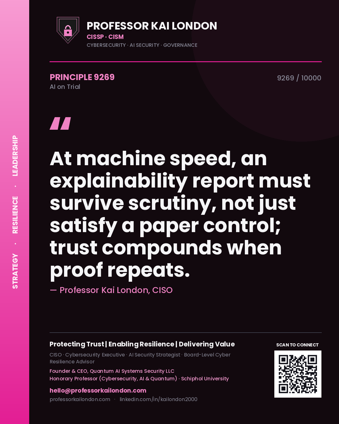 Professor Kai London principle 9269: At machine speed, an explainability report must survive scrutiny, not just satisfy a paper control; trust compounds when proof repeats.