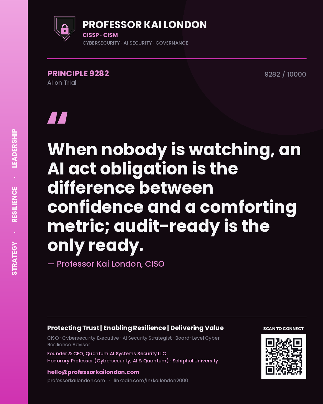 Professor Kai London principle 9282: When nobody is watching, an AI act obligation is the difference between confidence and a comforting metric; audit-ready is the only ready.