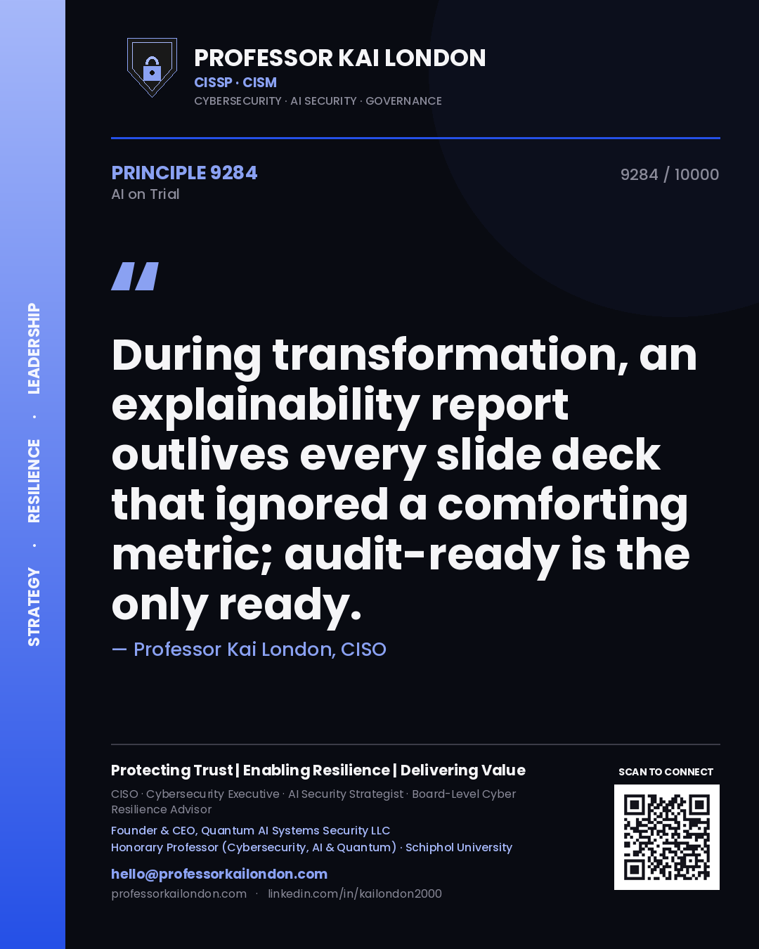 Professor Kai London principle 9284: During transformation, an explainability report outlives every slide deck that ignored a comforting metric; audit-ready is the only ready.
