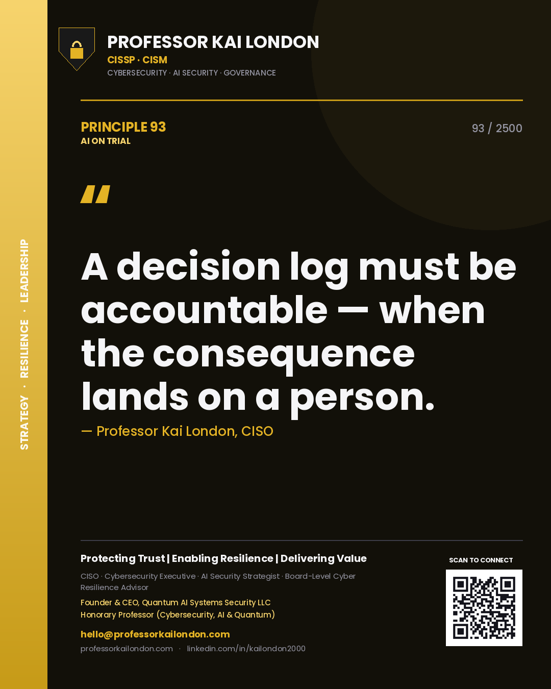 Professor Kai London principle 93: A decision log must be accountable — when the consequence lands on a person.