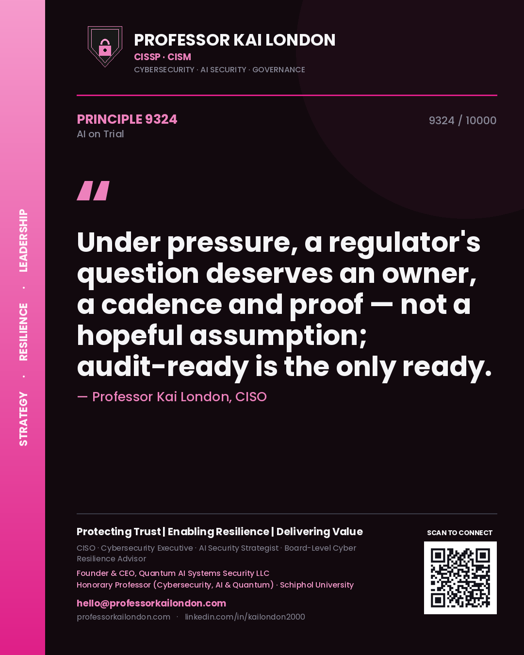 Professor Kai London principle 9324: Under pressure, a regulator's question deserves an owner, a cadence and proof — not a hopeful assumption; audit-ready is the only ready.
