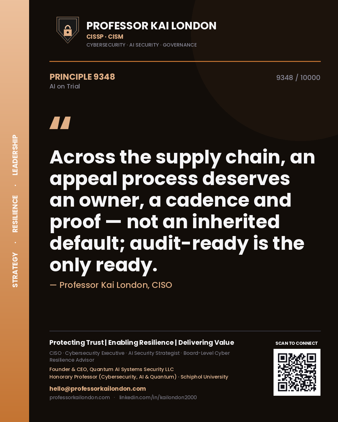 Quote card by Professor Kai London reading 'Across the supply chain, an appeal process deserves an owner, a cadence and proof — not an inherited default; audit-ready is the only ready.'. From the book AI on Trial.