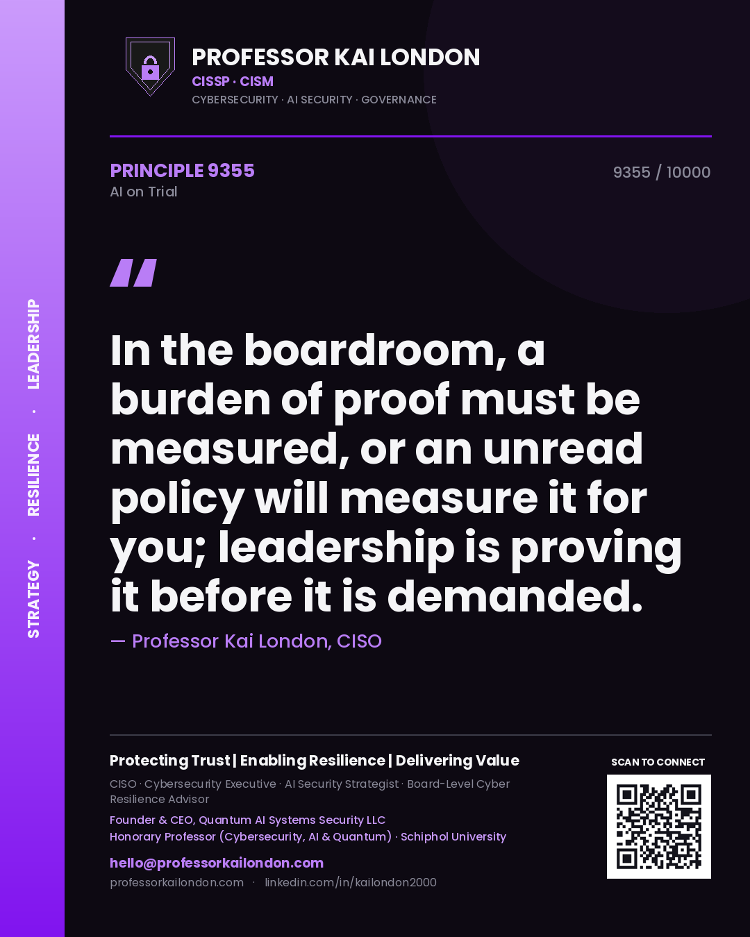 Professor Kai London principle 9355: In the boardroom, a burden of proof must be measured, or an unread policy will measure it for you; leadership is proving it before it is demanded.
