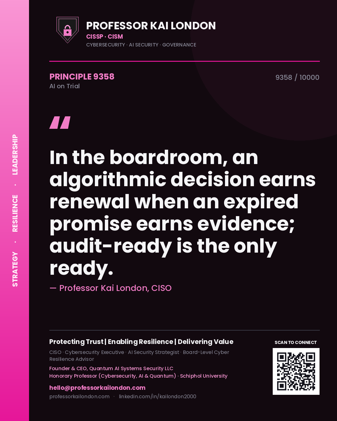 Professor Kai London principle 9358: In the boardroom, an algorithmic decision earns renewal when an expired promise earns evidence; audit-ready is the only ready.