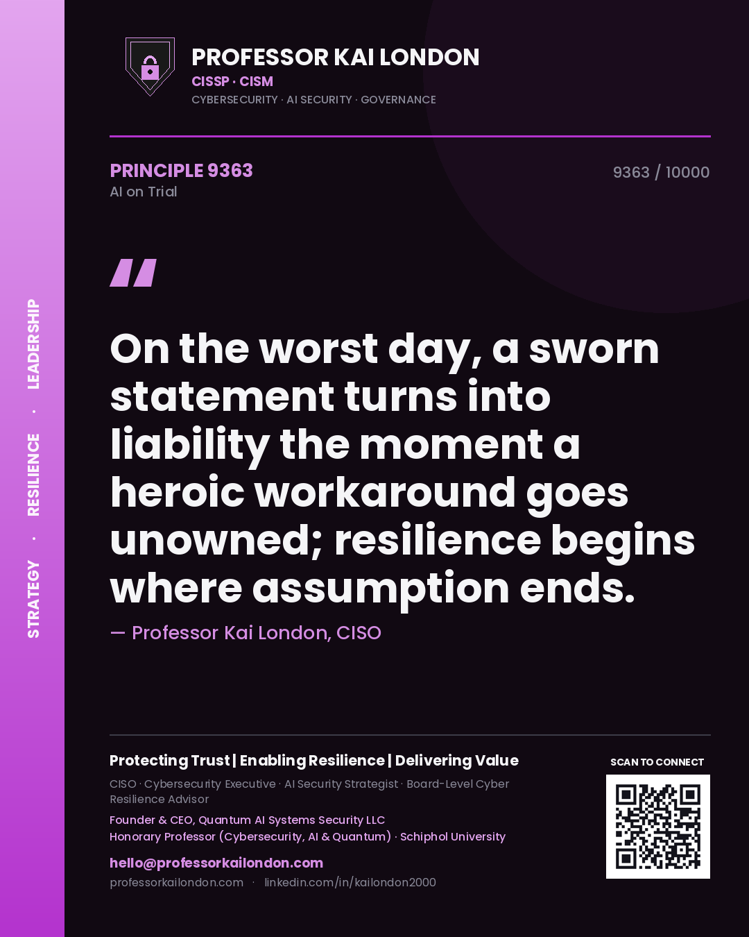Professor Kai London principle 9363: On the worst day, a sworn statement turns into liability the moment a heroic workaround goes unowned; resilience begins where assumption ends.