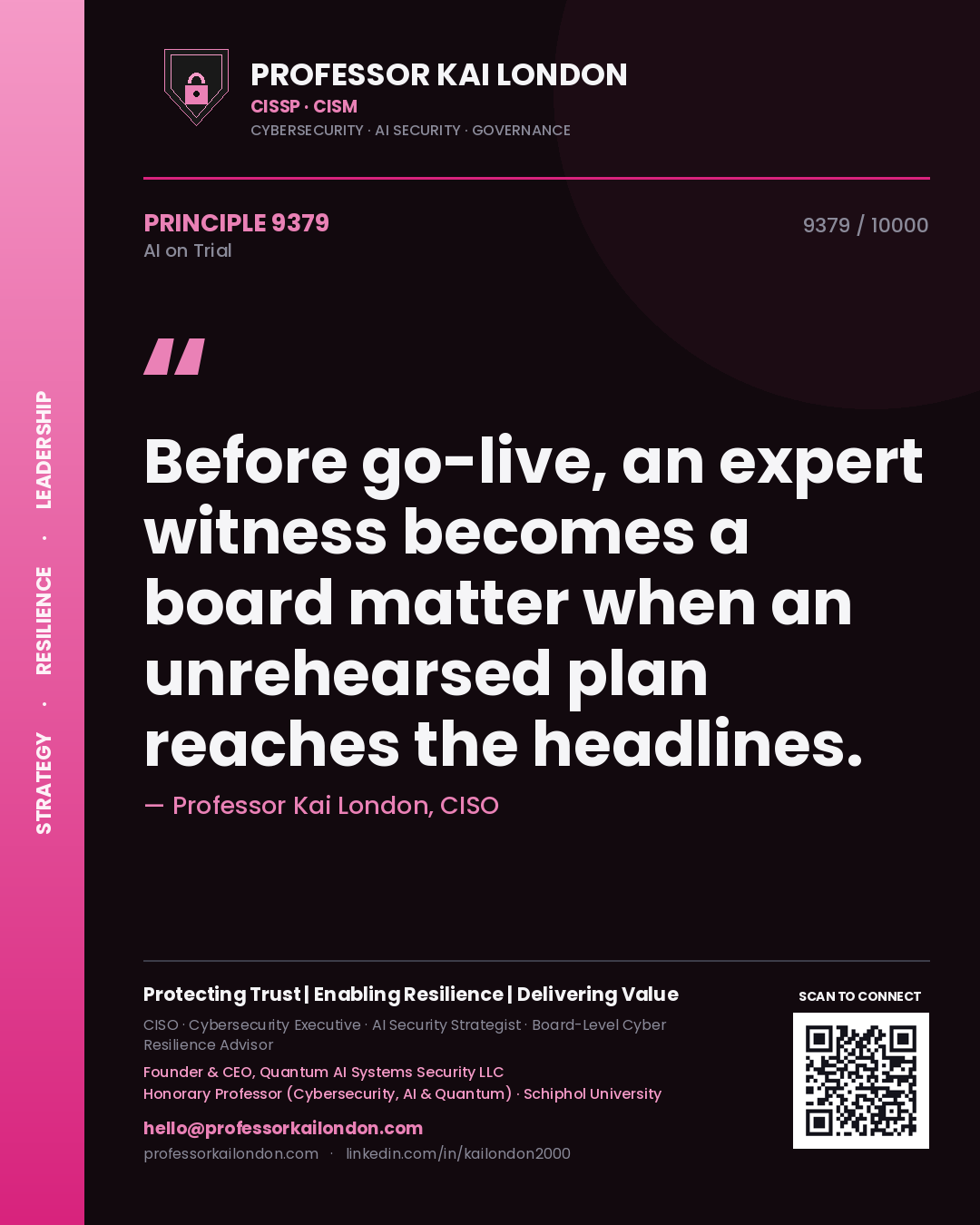 Professor Kai London principle 9379: Before go-live, an expert witness becomes a board matter when an unrehearsed plan reaches the headlines.