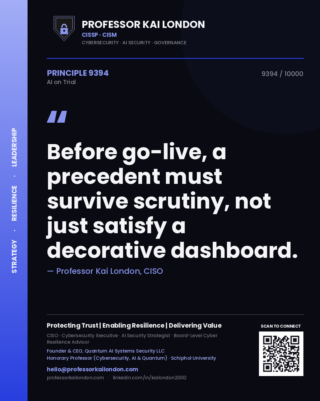 Professor Kai London principle 9394: Before go-live, a precedent must survive scrutiny, not just satisfy a decorative dashboard.