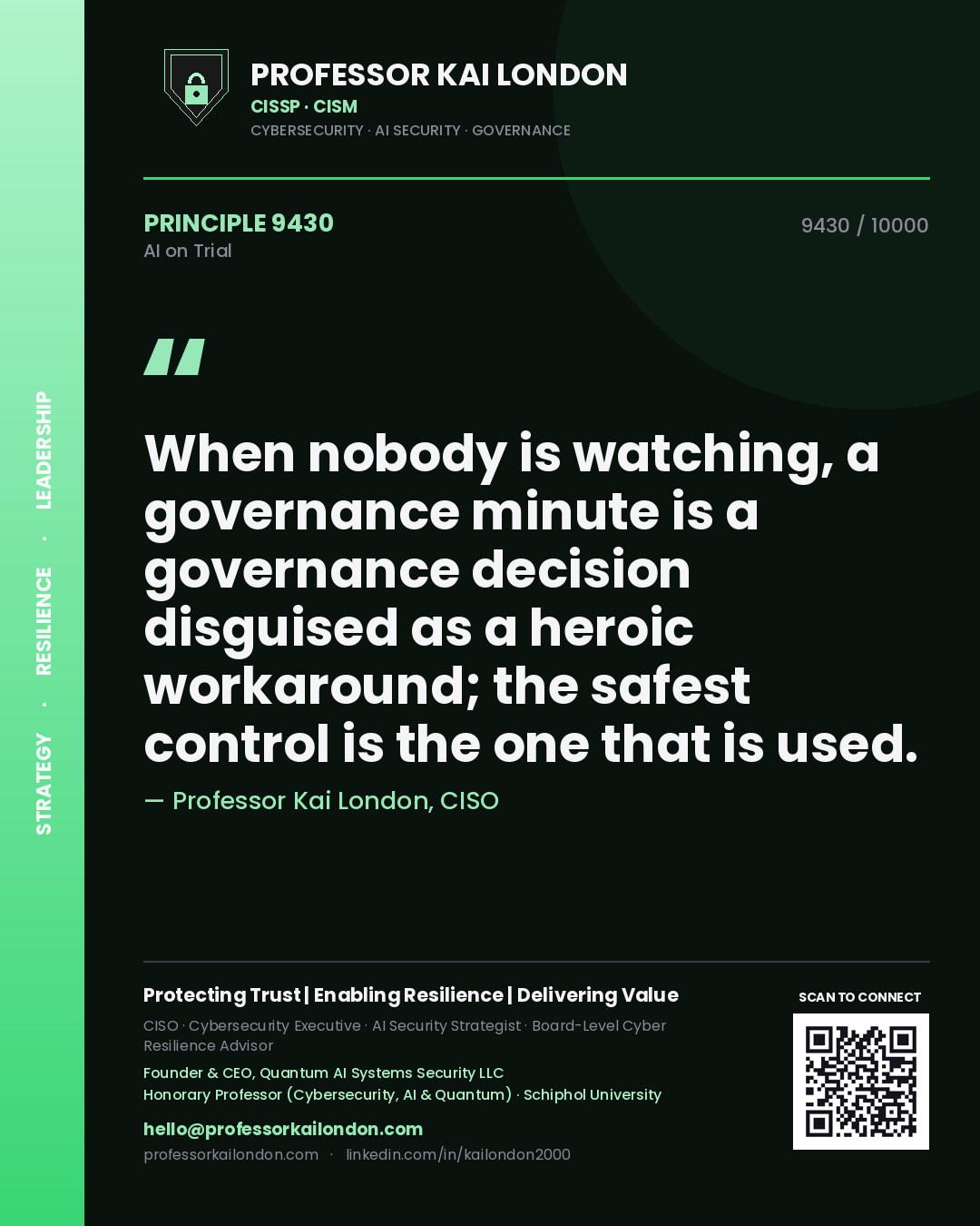 Quote card by Professor Kai London reading 'When nobody is watching, a governance minute is a governance decision disguised as a heroic workaround; the safest control is the one that is used.'. From the book AI on Trial.