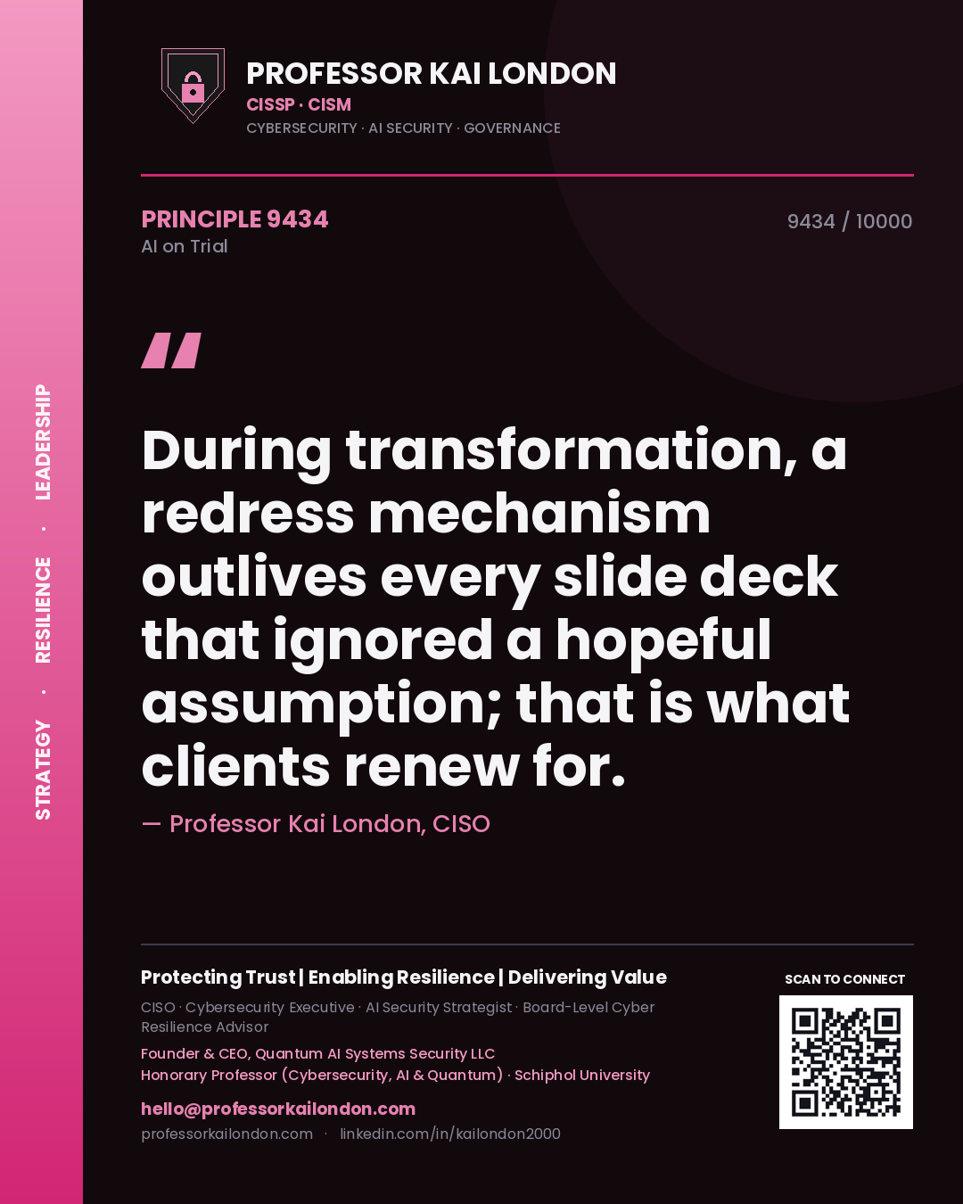 Professor Kai London principle 9434: During transformation, a redress mechanism outlives every slide deck that ignored a hopeful assumption; that is what clients renew for.