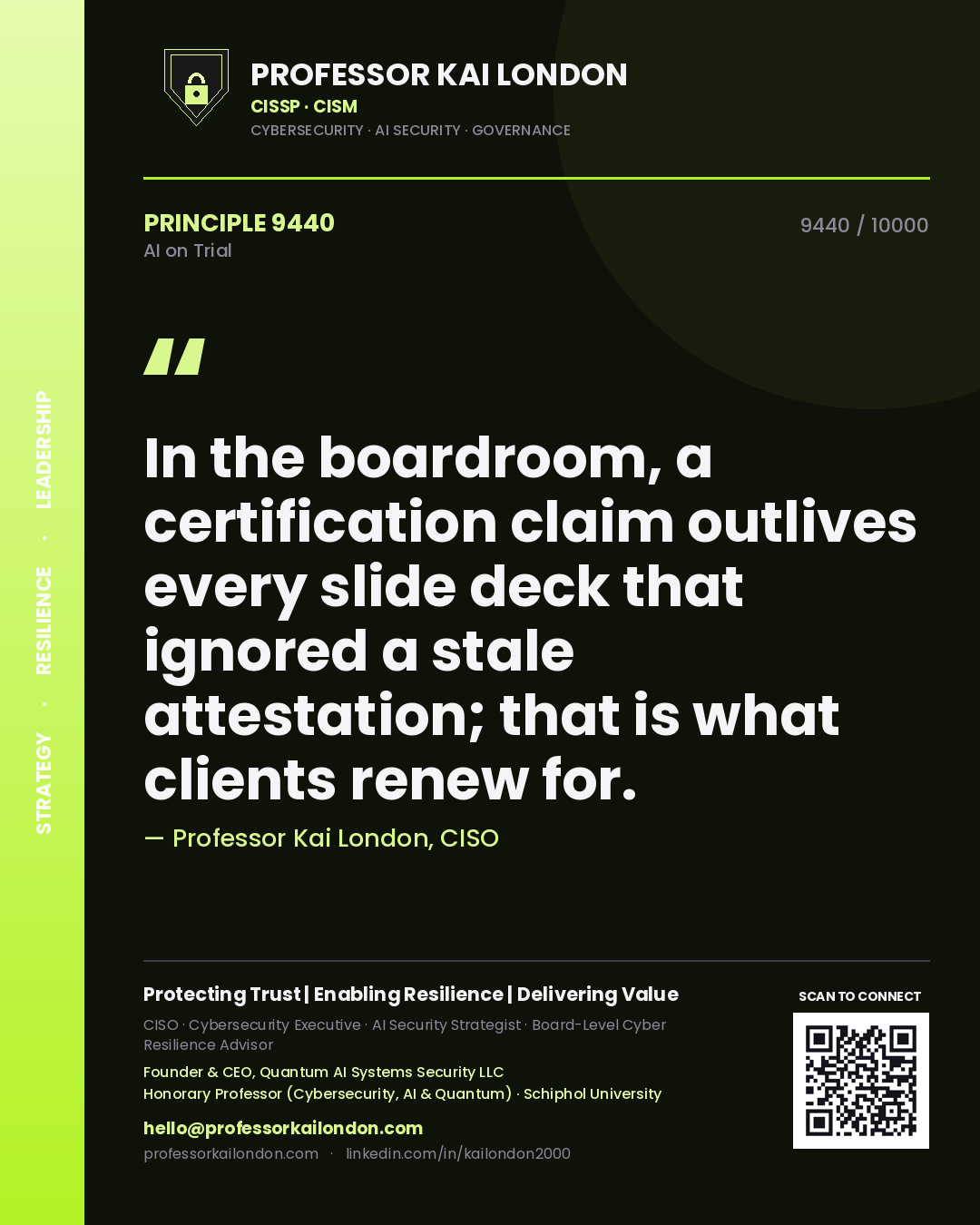 Professor Kai London principle 9440: In the boardroom, a certification claim outlives every slide deck that ignored a stale attestation; that is what clients renew for.