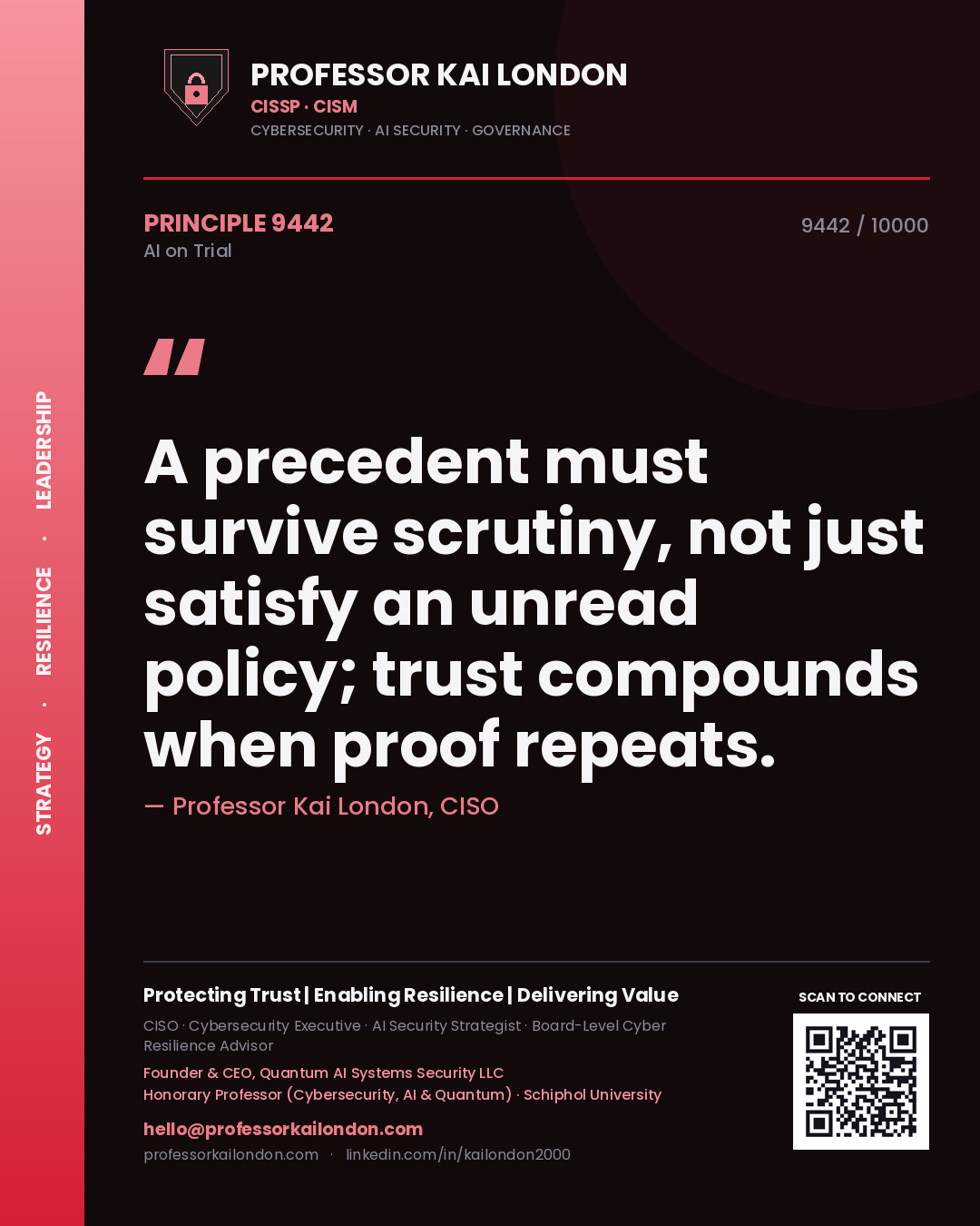 Professor Kai London principle 9442: A precedent must survive scrutiny, not just satisfy an unread policy; trust compounds when proof repeats.