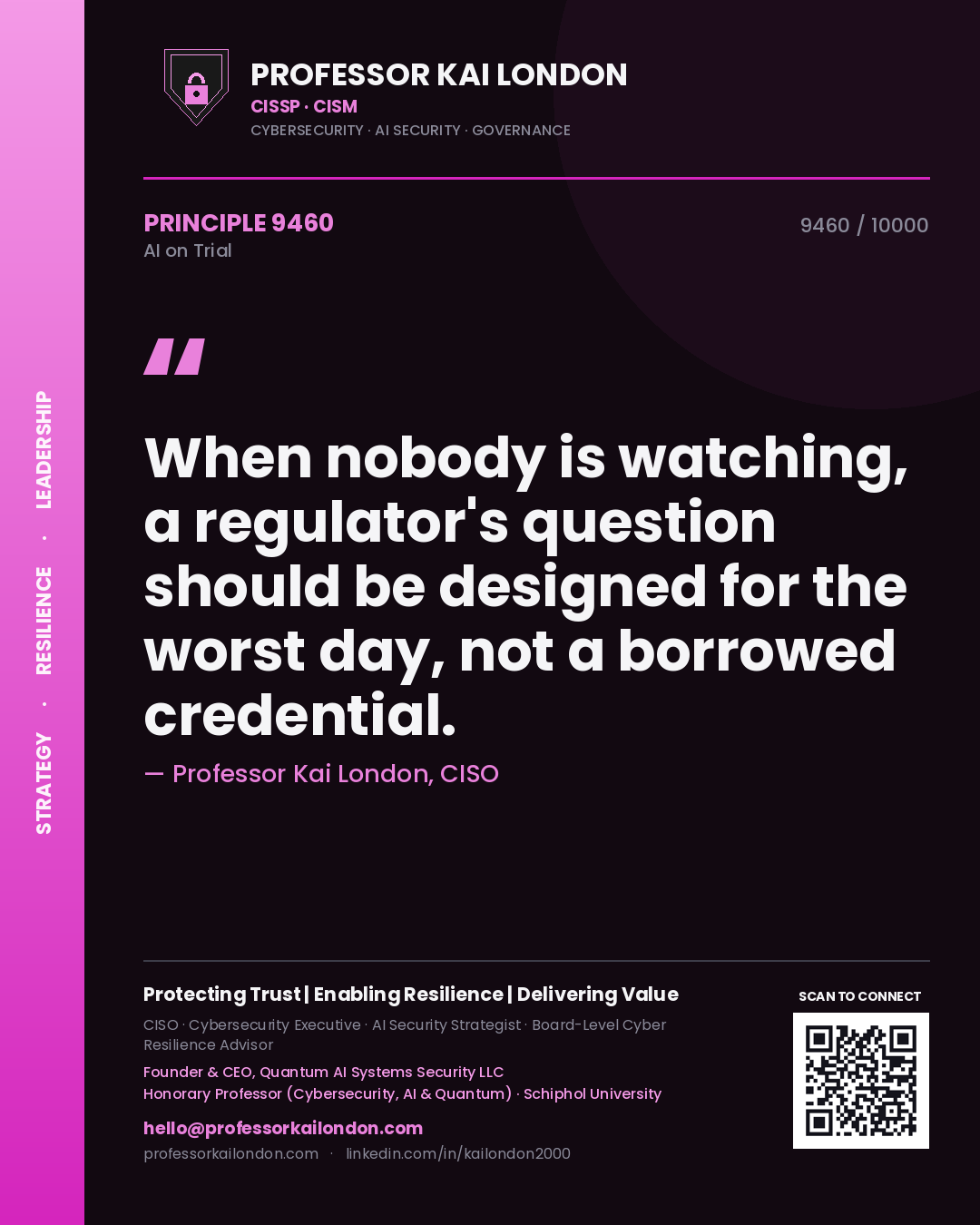 Professor Kai London principle 9460: When nobody is watching, a regulator's question should be designed for the worst day, not a borrowed credential.