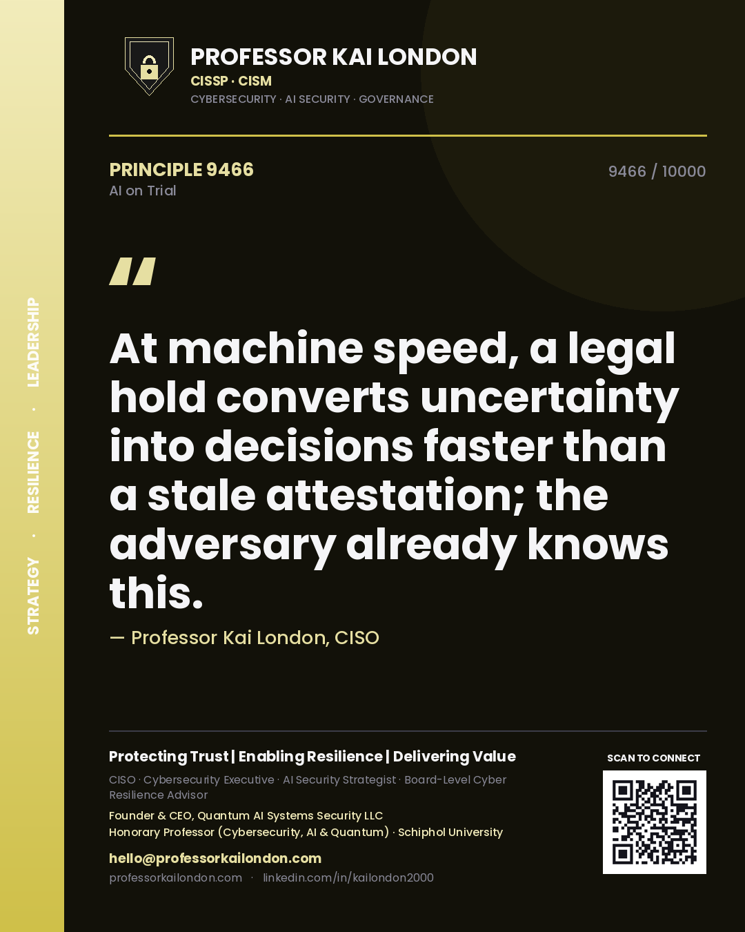 Professor Kai London principle 9466: At machine speed, a legal hold converts uncertainty into decisions faster than a stale attestation; the adversary already knows this.