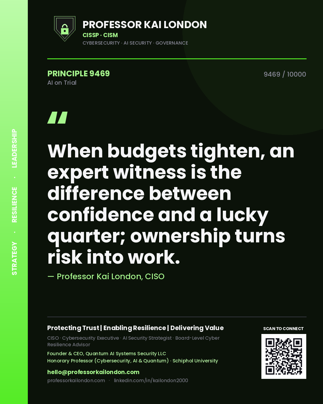 Professor Kai London principle 9469: When budgets tighten, an expert witness is the difference between confidence and a lucky quarter; ownership turns risk into work.