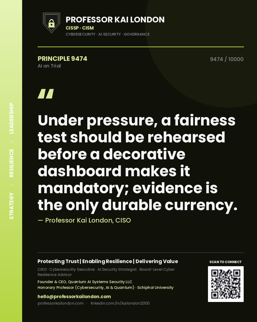 Professor Kai London principle 9474: Under pressure, a fairness test should be rehearsed before a decorative dashboard makes it mandatory; evidence is the only durable currency.