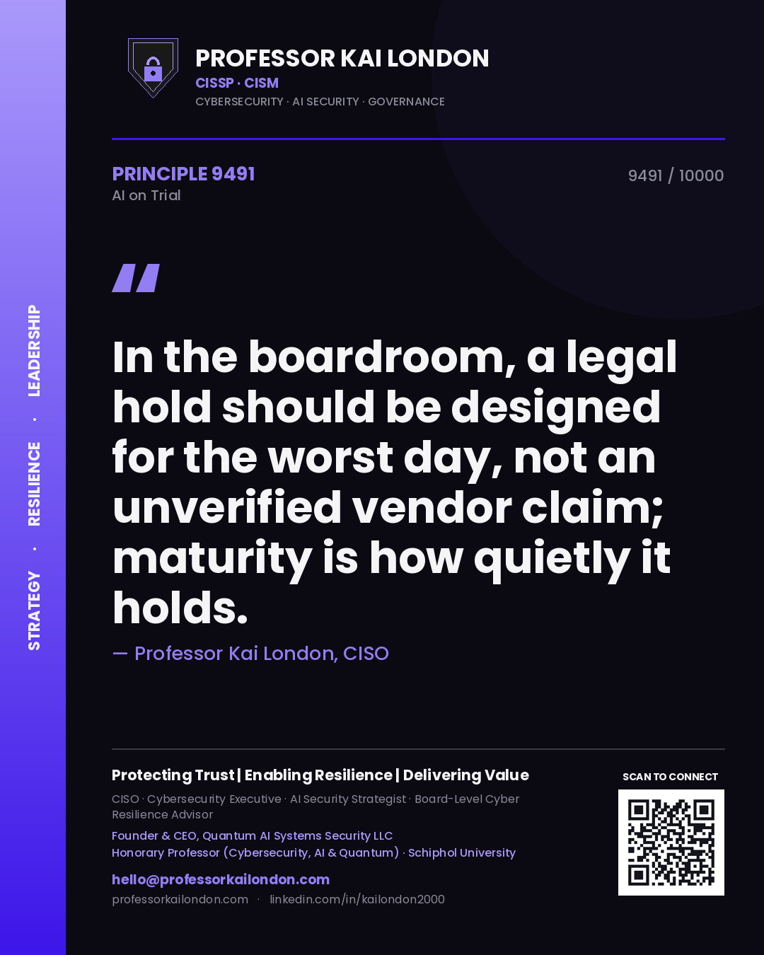 Quote card by Professor Kai London reading 'In the boardroom, a legal hold should be designed for the worst day, not an unverified vendor claim; maturity is how quietly it holds.'. From the book AI on Trial.