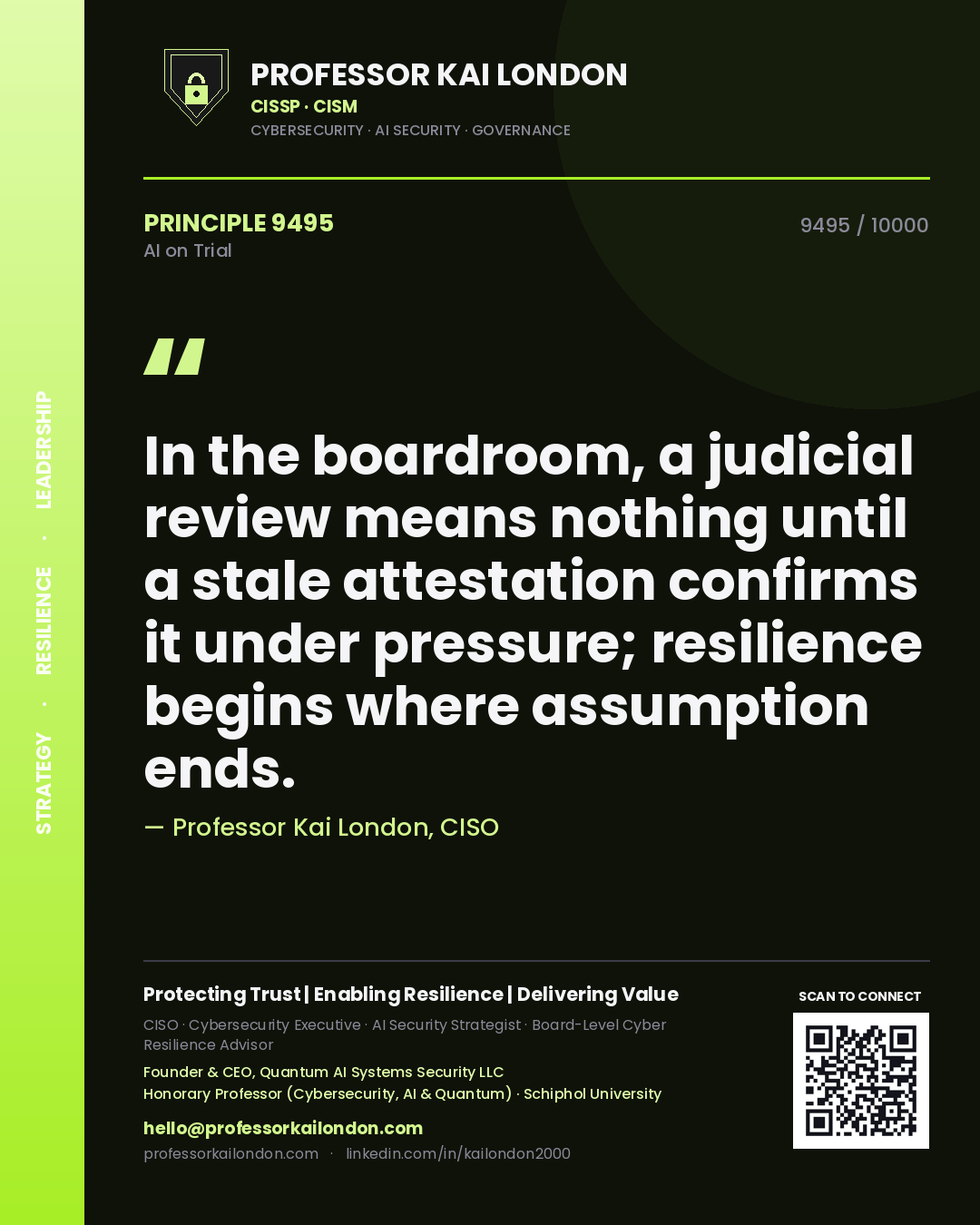Professor Kai London principle 9495: In the boardroom, a judicial review means nothing until a stale attestation confirms it under pressure; resilience begins where assumption ends.