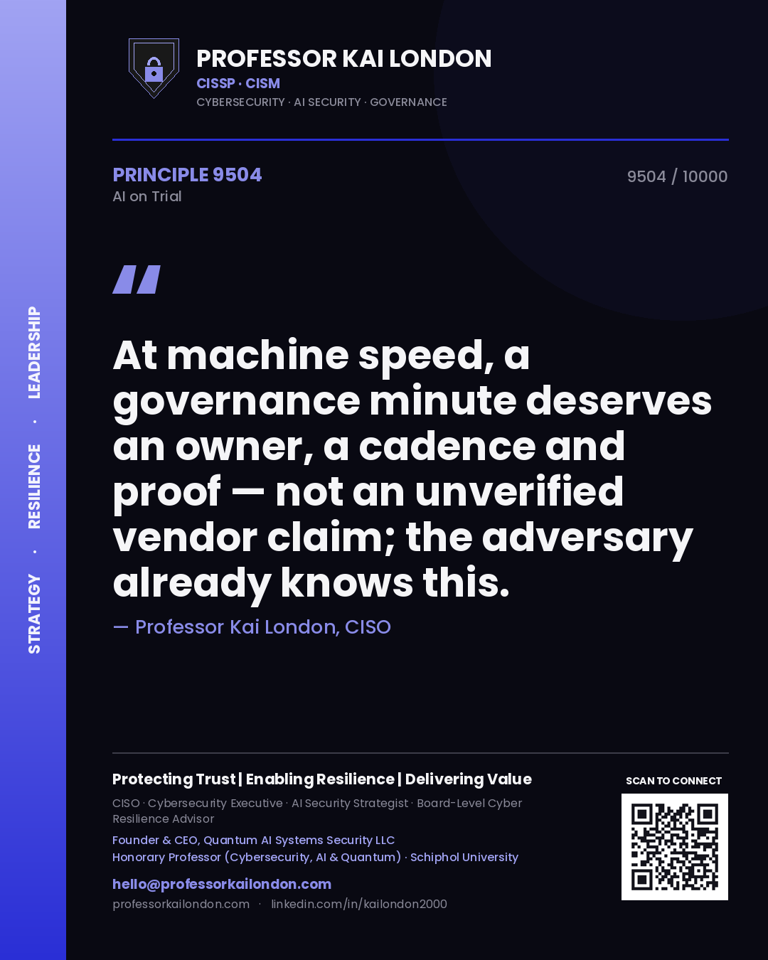 Quote card by Professor Kai London reading 'At machine speed, a governance minute deserves an owner, a cadence and proof — not an unverified vendor claim; the adversary already knows this.'. From the book AI on Trial.