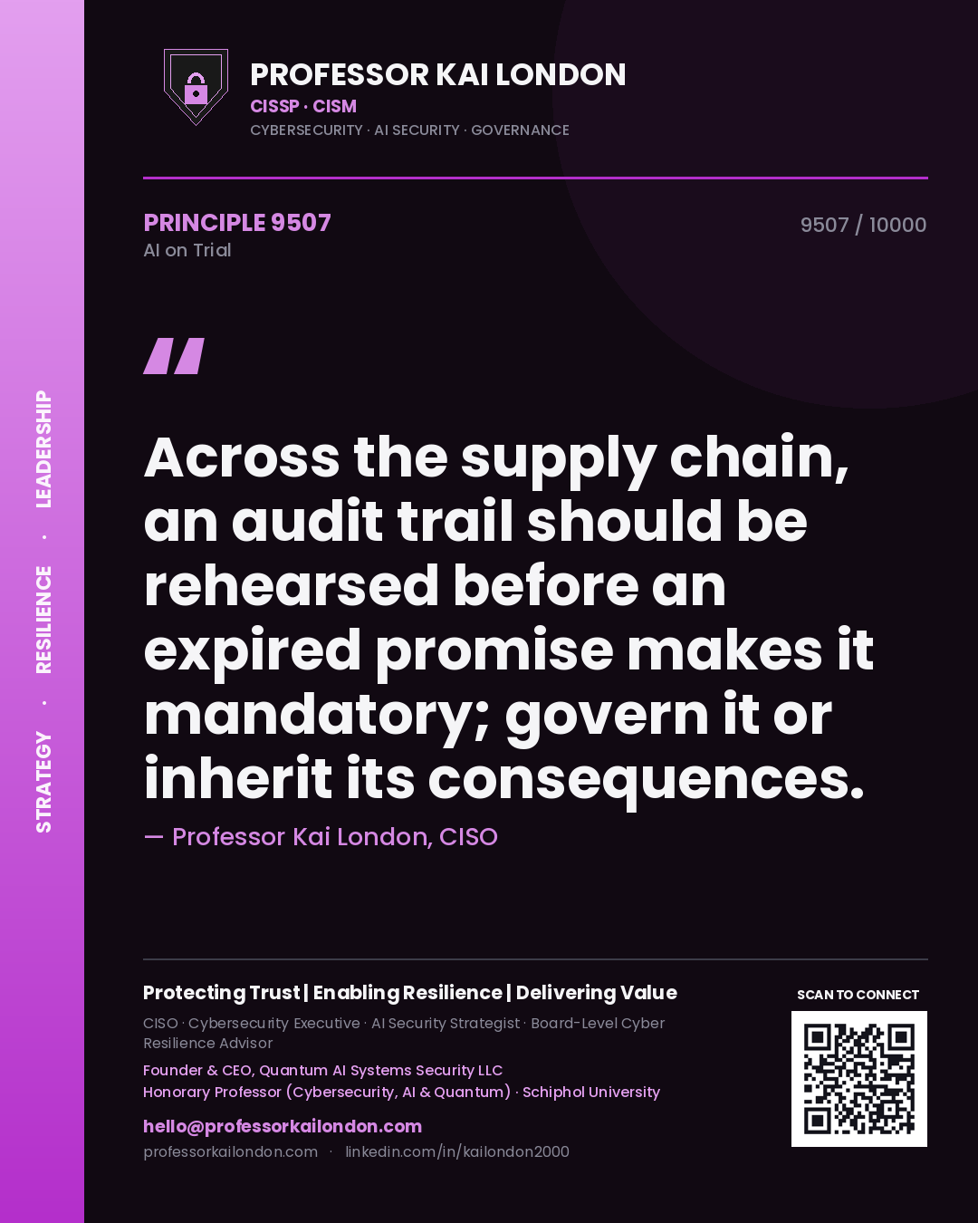 Professor Kai London principle 9507: Across the supply chain, an audit trail should be rehearsed before an expired promise makes it mandatory; govern it or inherit its consequences.