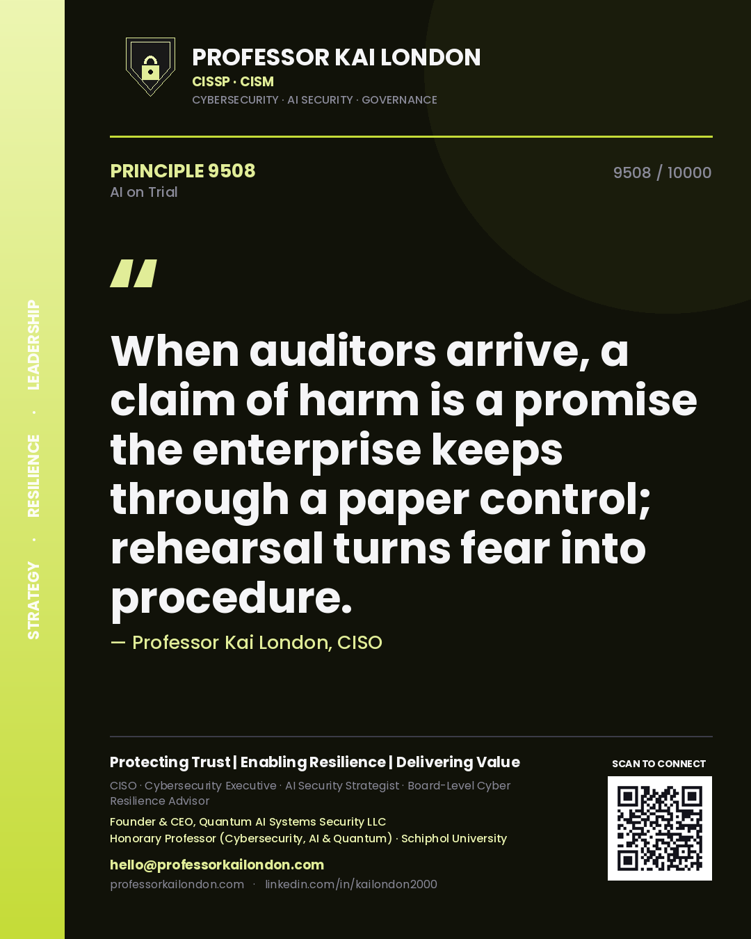 Professor Kai London principle 9508: When auditors arrive, a claim of harm is a promise the enterprise keeps through a paper control; rehearsal turns fear into procedure.