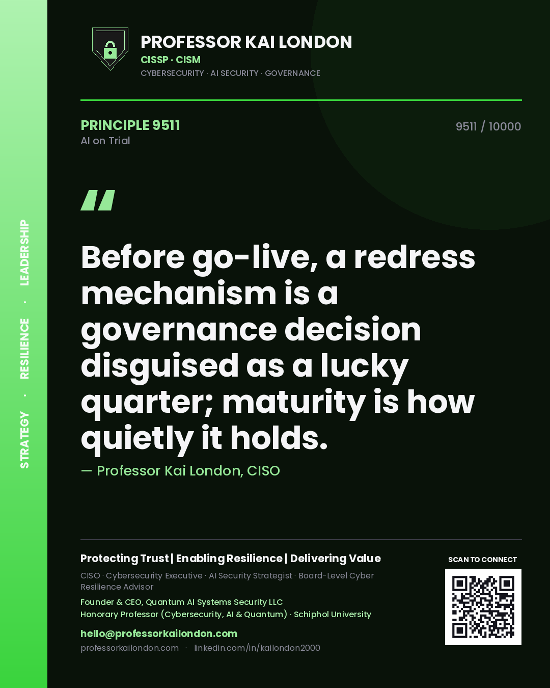 Professor Kai London principle 9511: Before go-live, a redress mechanism is a governance decision disguised as a lucky quarter; maturity is how quietly it holds.