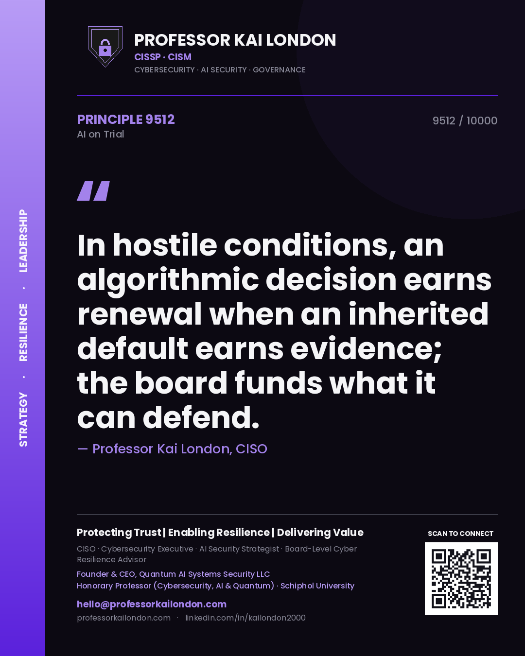 Professor Kai London principle 9512: In hostile conditions, an algorithmic decision earns renewal when an inherited default earns evidence; the board funds what it can defend.