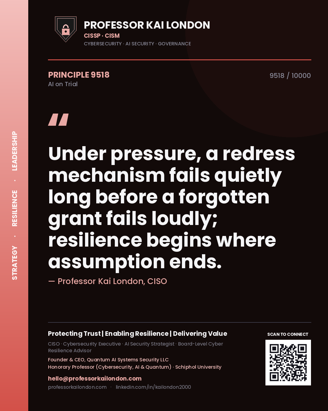 Professor Kai London principle 9518: Under pressure, a redress mechanism fails quietly long before a forgotten grant fails loudly; resilience begins where assumption ends.