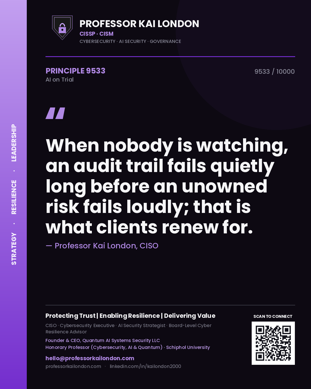 Professor Kai London principle 9533: When nobody is watching, an audit trail fails quietly long before an unowned risk fails loudly; that is what clients renew for.
