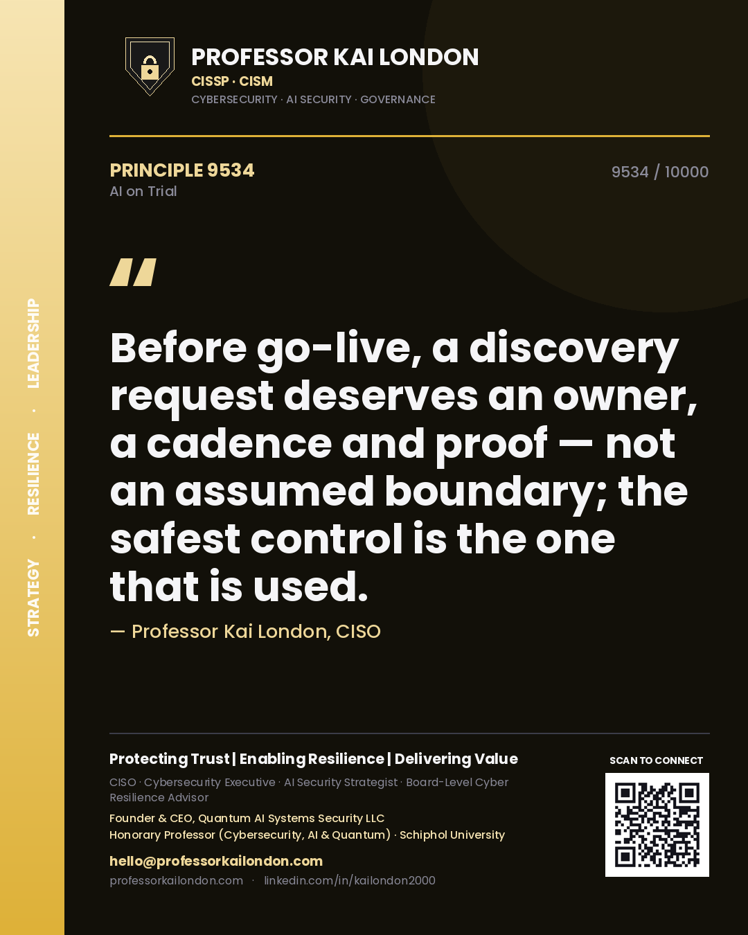 Quote card by Professor Kai London reading 'Before go-live, a discovery request deserves an owner, a cadence and proof — not an assumed boundary; the safest control is the one that is used.'. From the book AI on Trial.