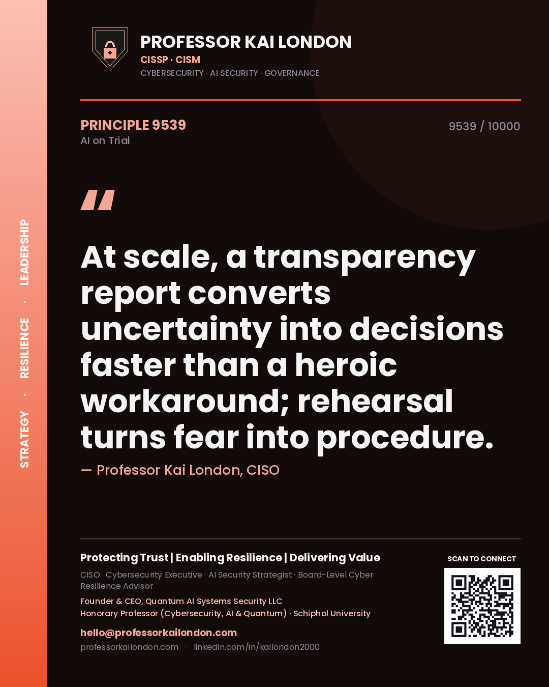 Professor Kai London principle 9539: At scale, a transparency report converts uncertainty into decisions faster than a heroic workaround; rehearsal turns fear into procedure.