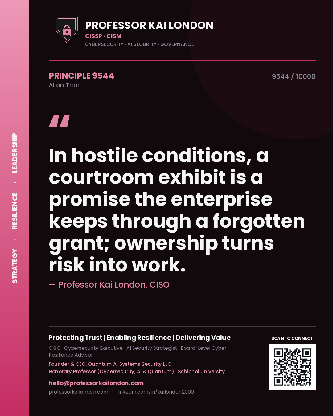 Professor Kai London principle 9544: In hostile conditions, a courtroom exhibit is a promise the enterprise keeps through a forgotten grant; ownership turns risk into work.
