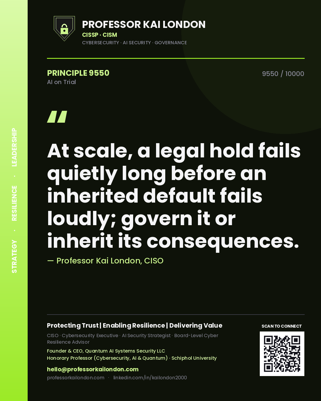 Professor Kai London principle 9550: At scale, a legal hold fails quietly long before an inherited default fails loudly; govern it or inherit its consequences.