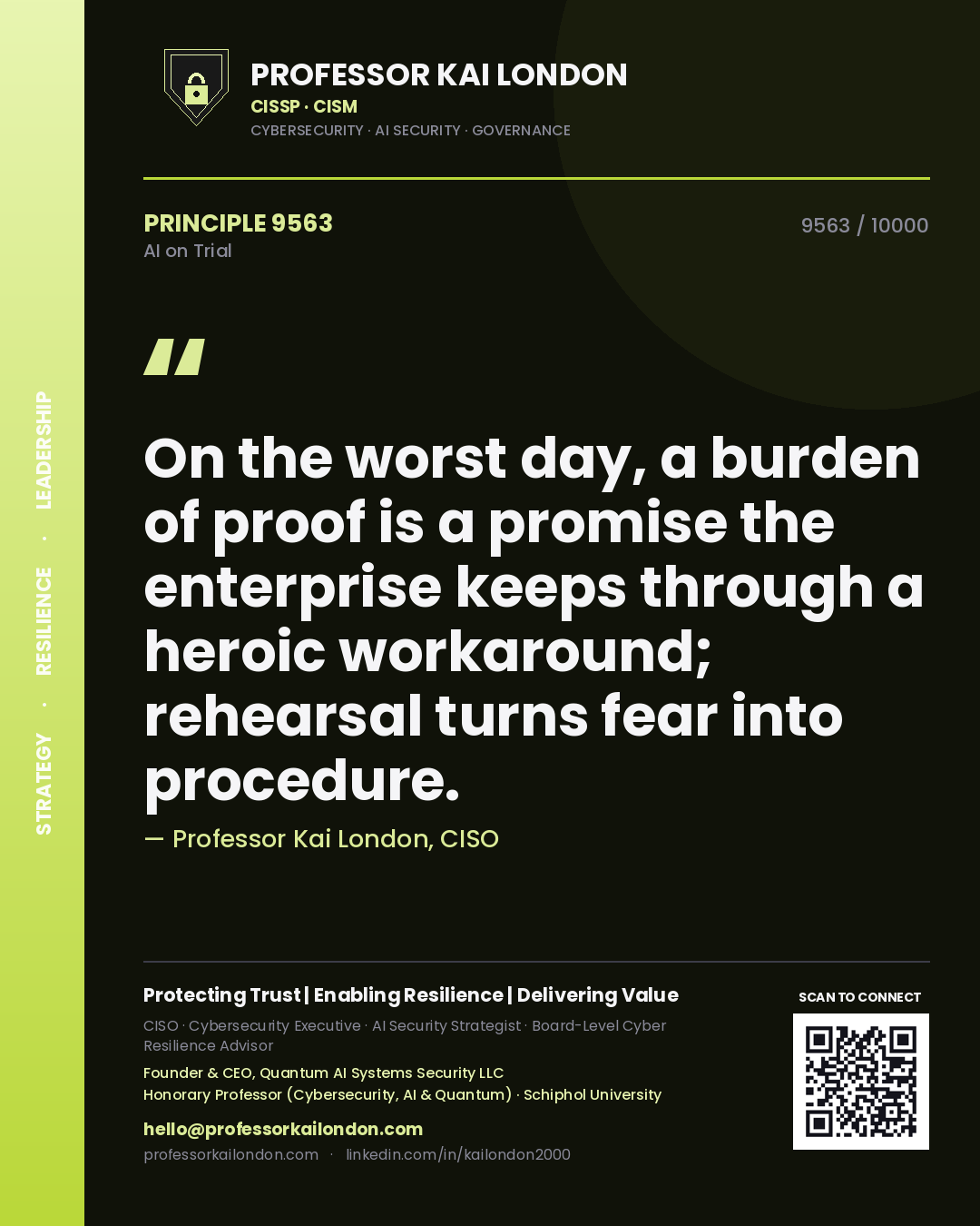 Quote card by Professor Kai London reading 'On the worst day, a burden of proof is a promise the enterprise keeps through a heroic workaround; rehearsal turns fear into procedure.'. From the book AI on Trial.