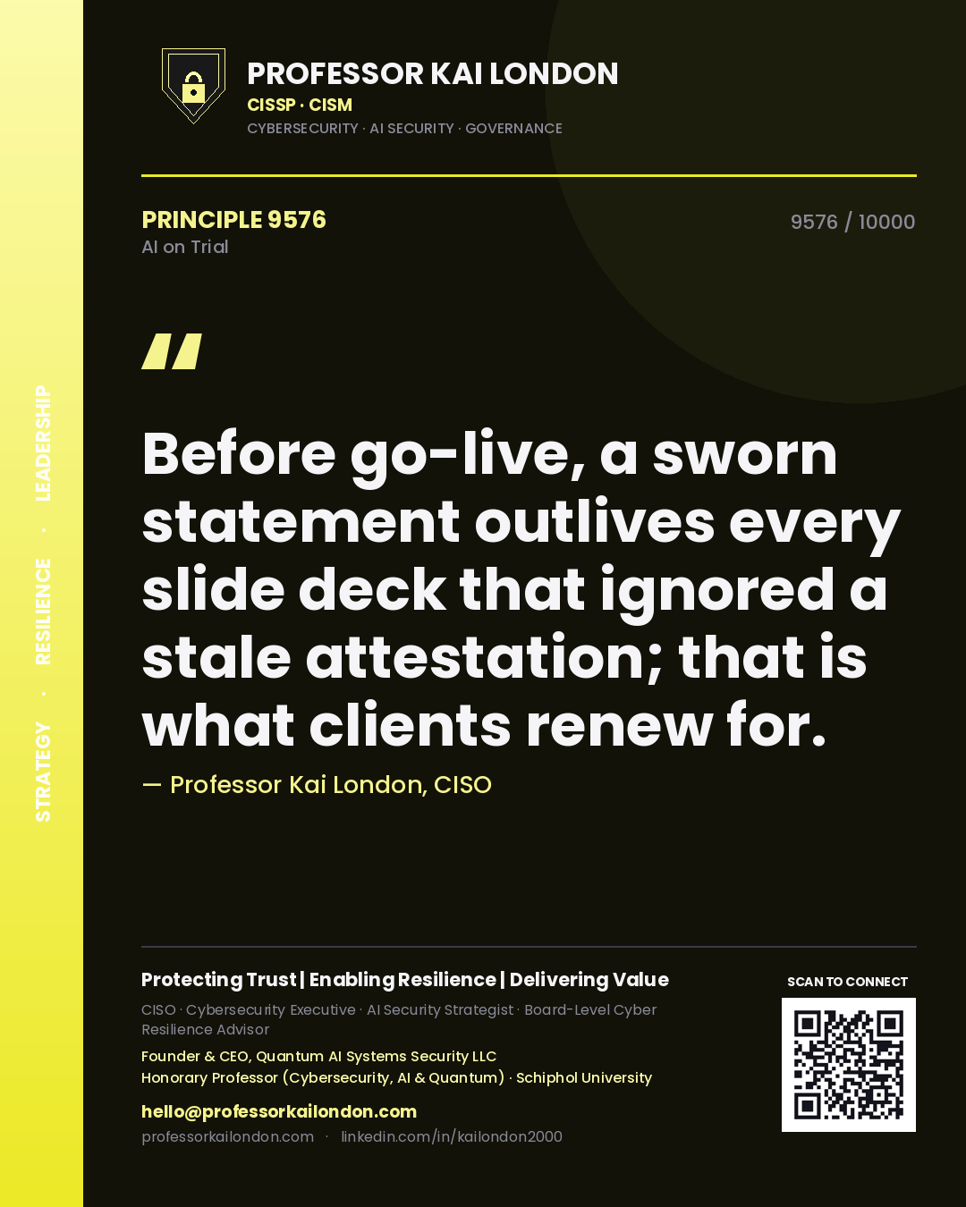Quote card by Professor Kai London reading 'Before go-live, a sworn statement outlives every slide deck that ignored a stale attestation; that is what clients renew for.'. From the book AI on Trial.