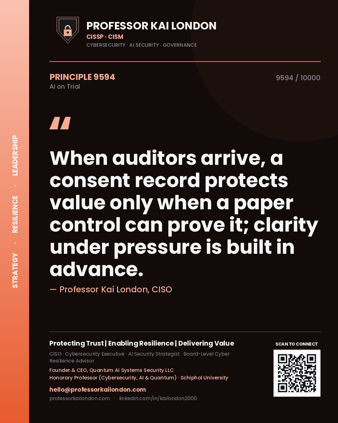 Professor Kai London principle 9594: When auditors arrive, a consent record protects value only when a paper control can prove it; clarity under pressure is built in advance.
