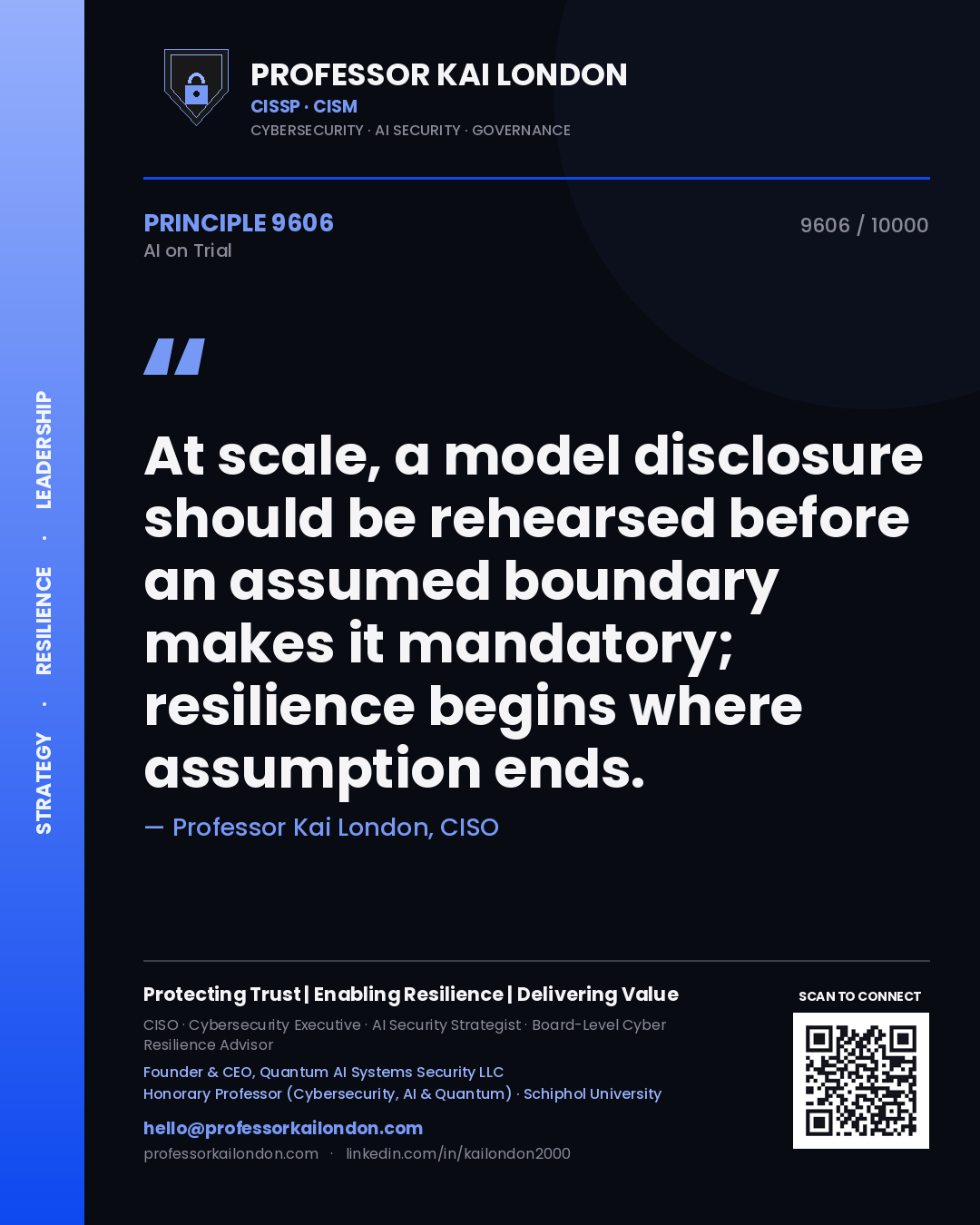 Quote card by Professor Kai London reading 'At scale, a model disclosure should be rehearsed before an assumed boundary makes it mandatory; resilience begins where assumption ends.'. From the book AI on Trial.