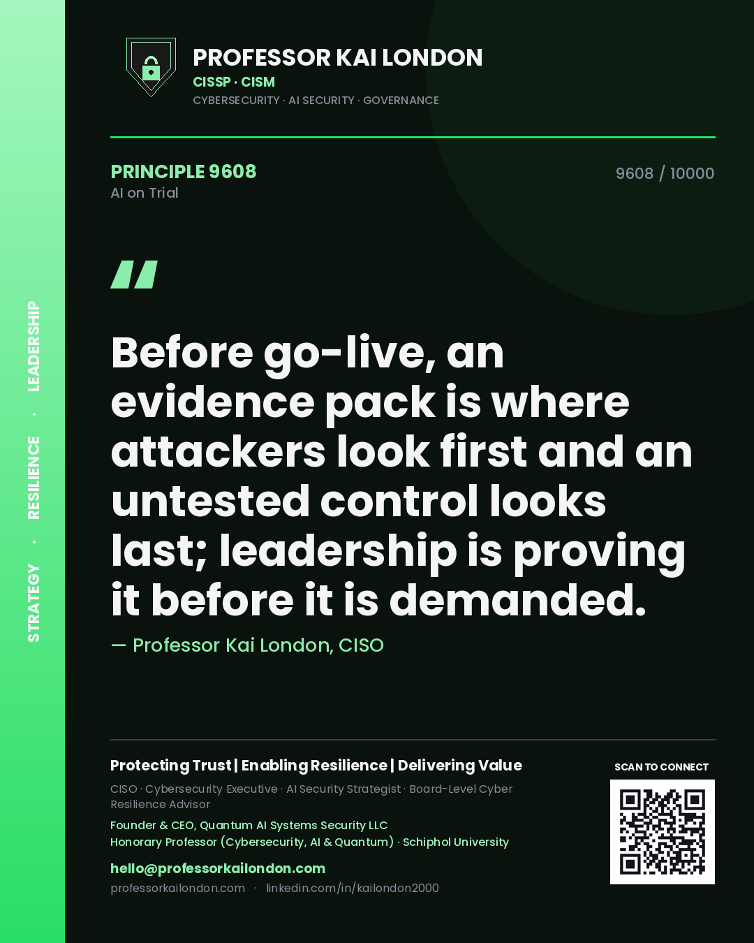 Quote card by Professor Kai London reading 'Before go-live, an evidence pack is where attackers look first and an untested control looks last; leadership is proving it before it is demanded.'. From the book AI on Trial.