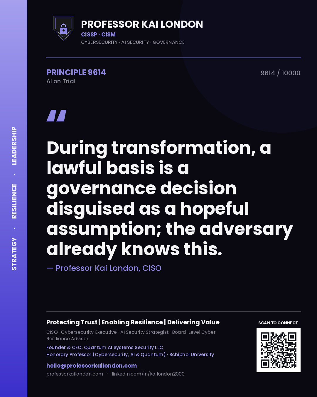 Quote card by Professor Kai London reading 'During transformation, a lawful basis is a governance decision disguised as a hopeful assumption; the adversary already knows this.'. From the book AI on Trial.