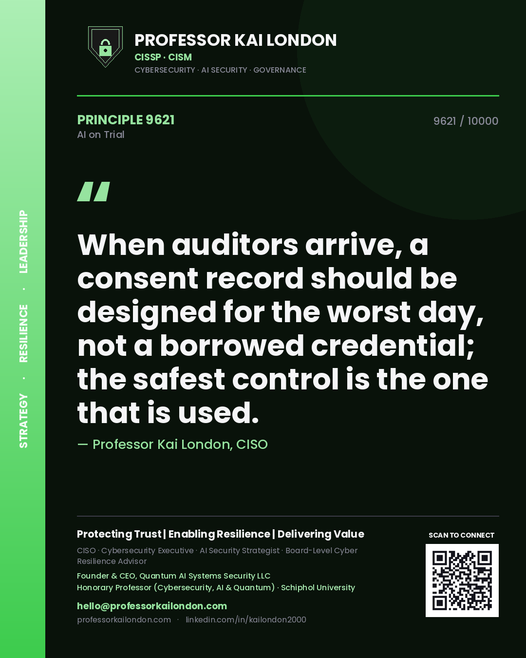 Professor Kai London principle 9621: When auditors arrive, a consent record should be designed for the worst day, not a borrowed credential; the safest control is the one that is used.