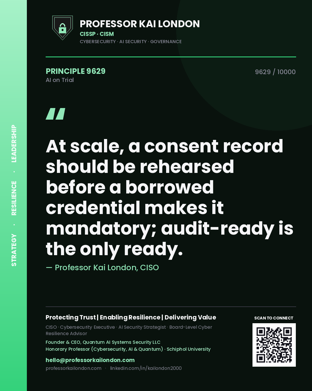 Professor Kai London principle 9629: At scale, a consent record should be rehearsed before a borrowed credential makes it mandatory; audit-ready is the only ready.