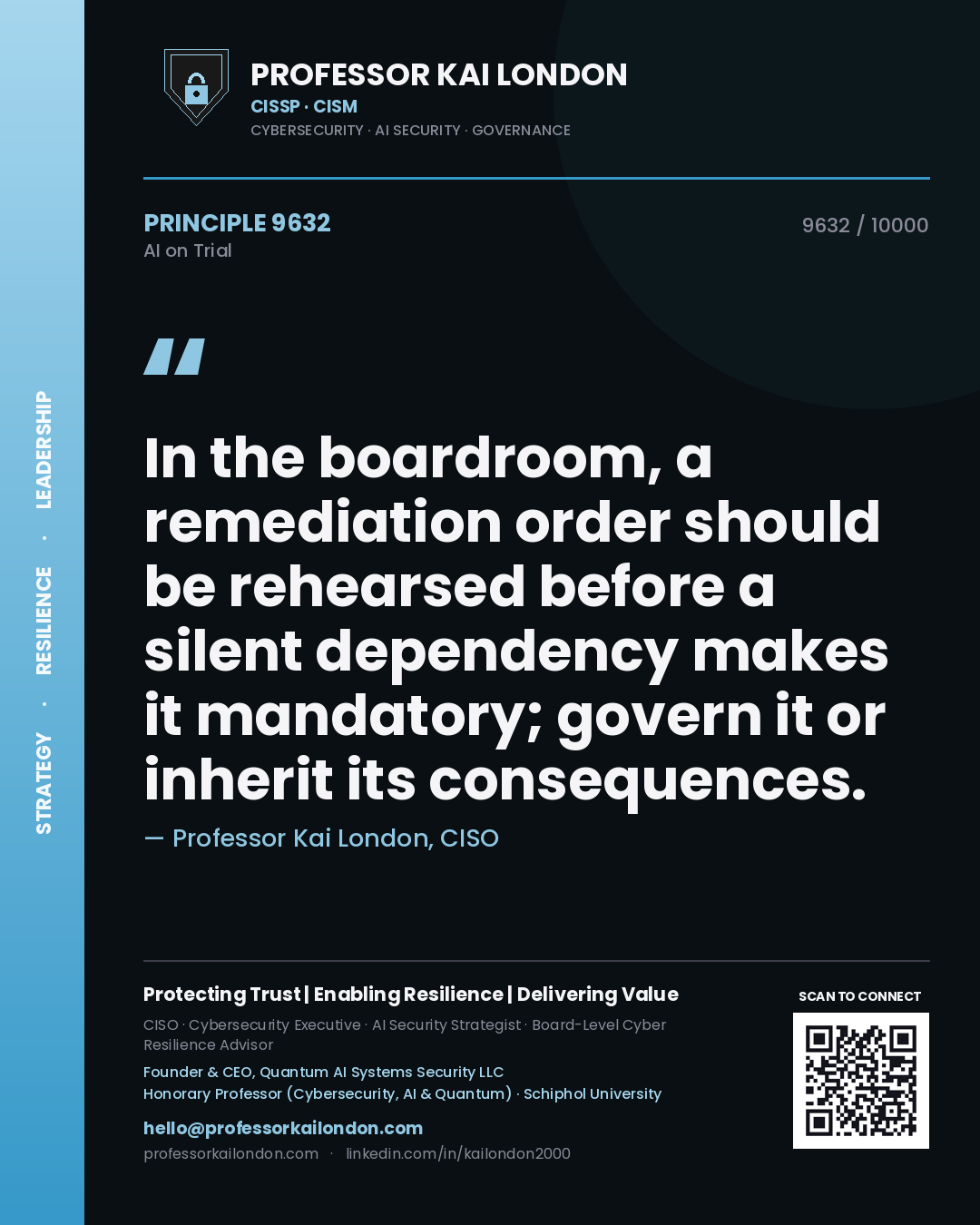 Professor Kai London principle 9632: In the boardroom, a remediation order should be rehearsed before a silent dependency makes it mandatory; govern it or inherit its consequences.