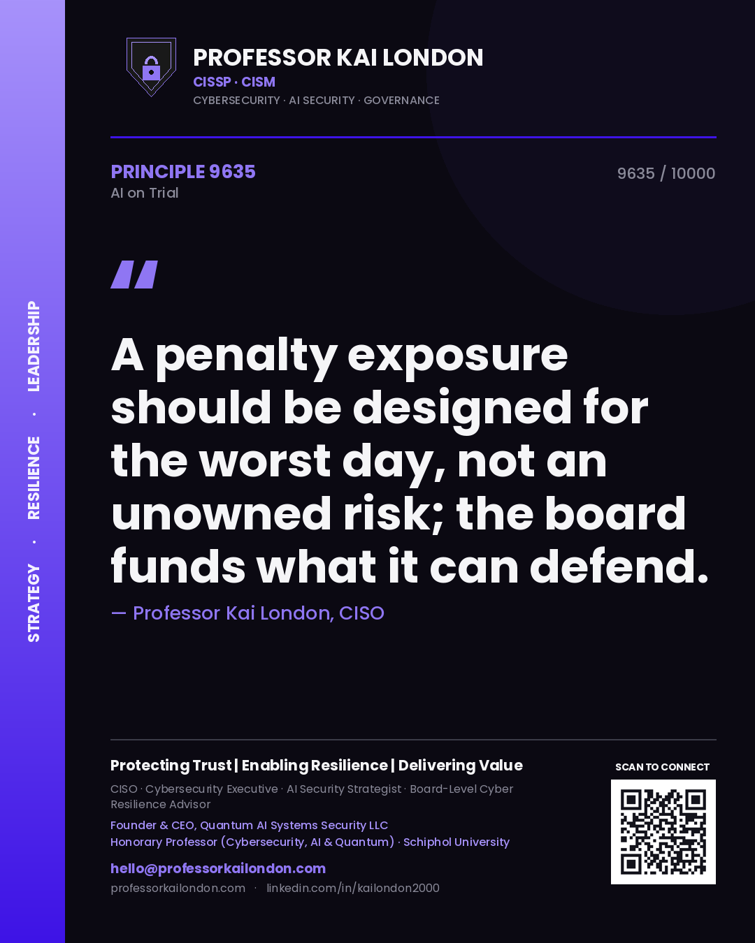 Professor Kai London principle 9635: A penalty exposure should be designed for the worst day, not an unowned risk; the board funds what it can defend.