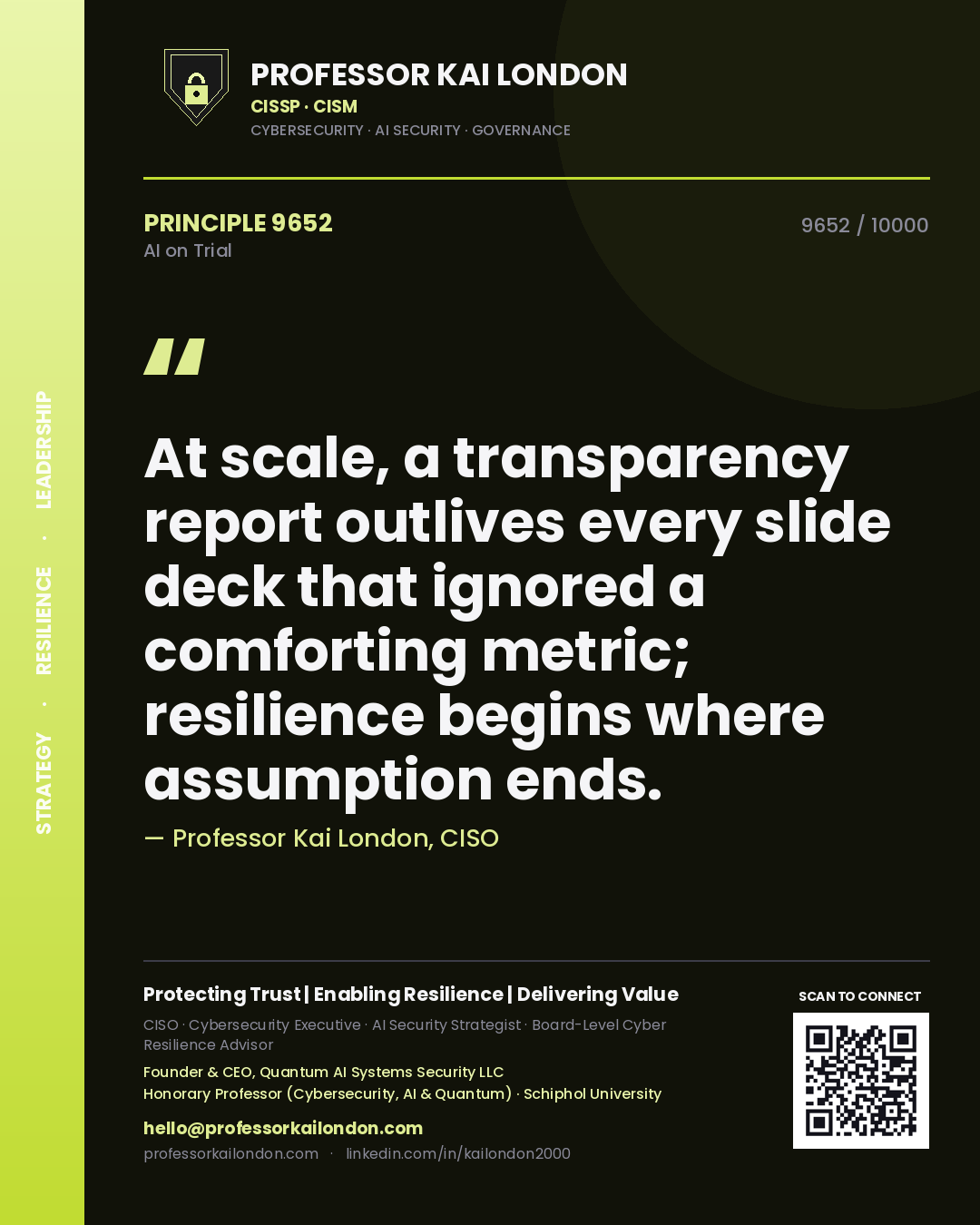 Quote card by Professor Kai London reading 'At scale, a transparency report outlives every slide deck that ignored a comforting metric; resilience begins where assumption ends.'. From the book AI on Trial.
