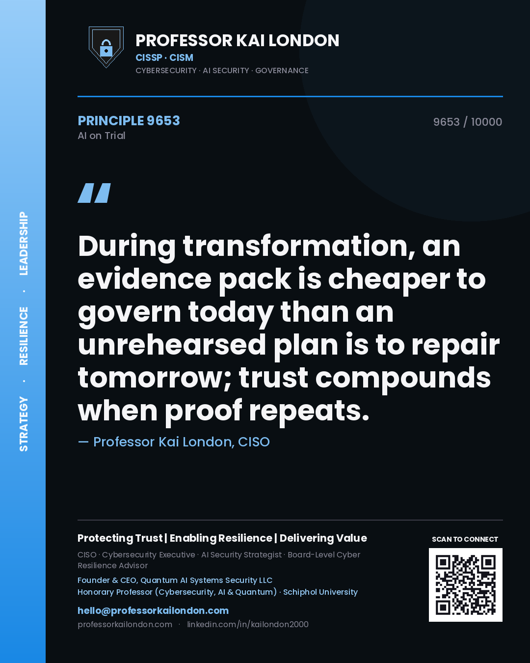 Professor Kai London principle 9653: During transformation, an evidence pack is cheaper to govern today than an unrehearsed plan is to repair tomorrow; trust compounds when proof repeats.