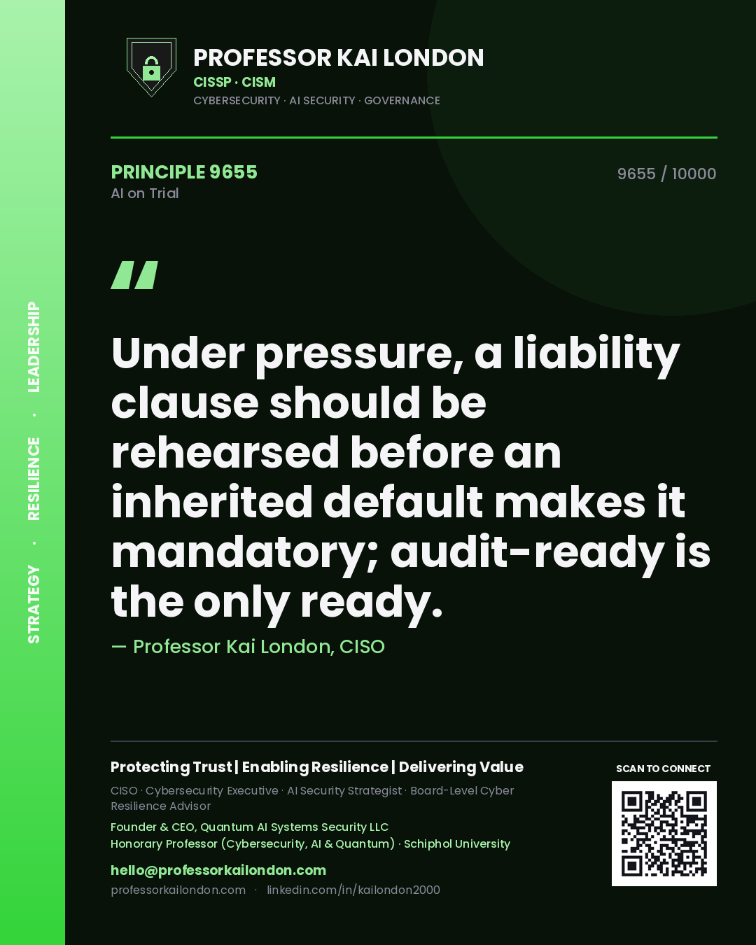 Professor Kai London principle 9655: Under pressure, a liability clause should be rehearsed before an inherited default makes it mandatory; audit-ready is the only ready.