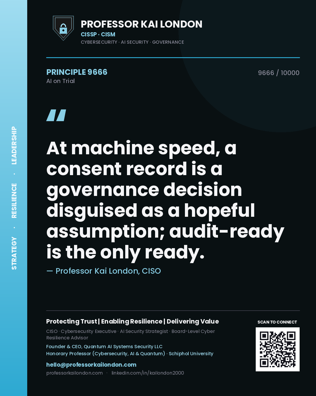 Professor Kai London principle 9666: At machine speed, a consent record is a governance decision disguised as a hopeful assumption; audit-ready is the only ready.
