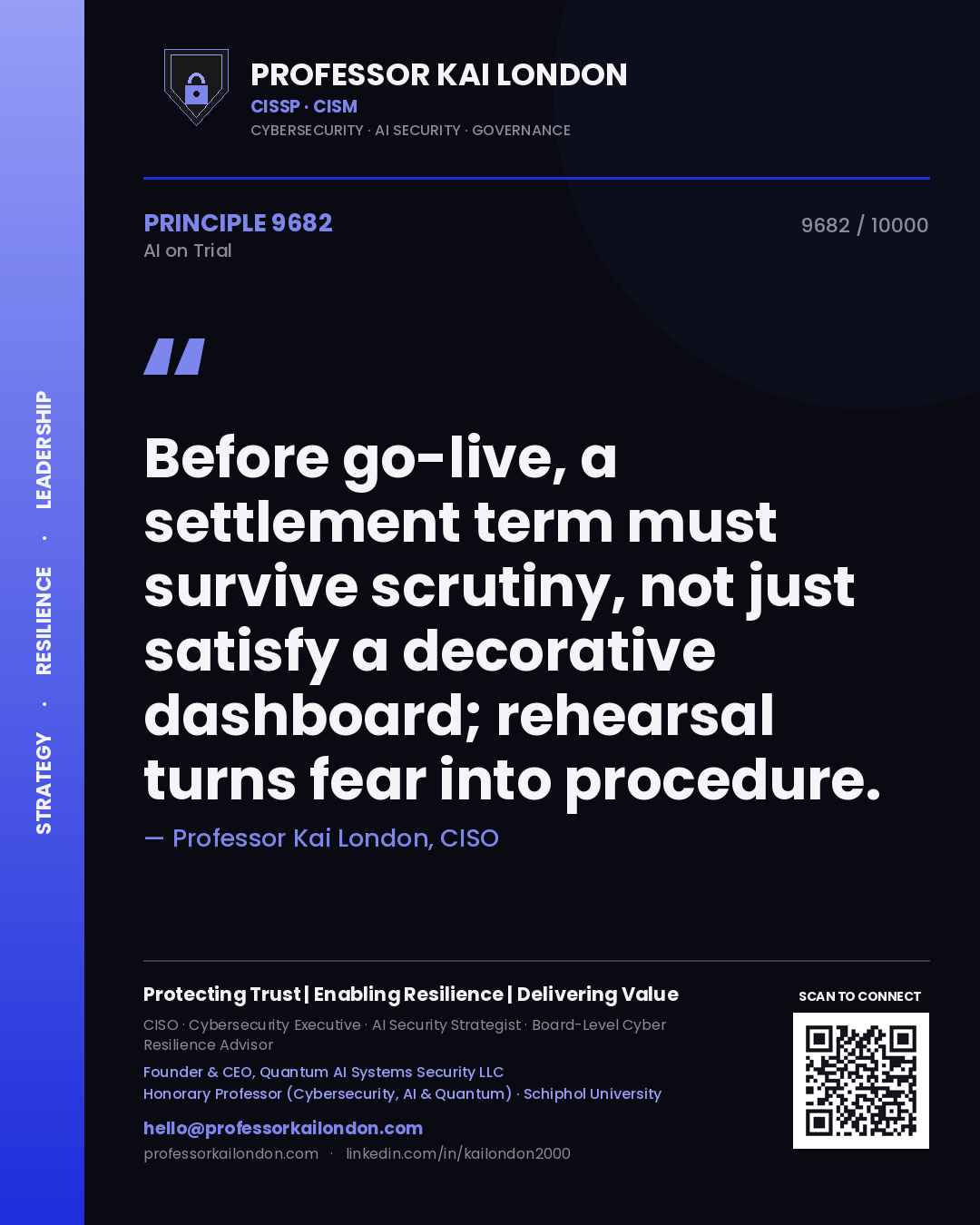Quote card by Professor Kai London reading 'Before go-live, a settlement term must survive scrutiny, not just satisfy a decorative dashboard; rehearsal turns fear into procedure.'. From the book AI on Trial.
